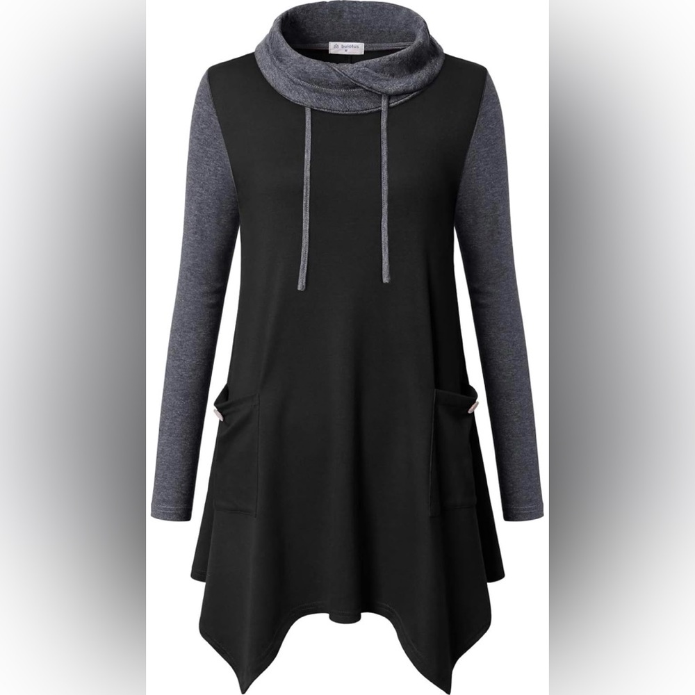 Bulotus Women's Black/Gray Colorblock Cowl Neck Shark Bite Hem Tunic Sweater SM